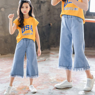 Children's junior clothing, girls' denim overalls, blue pants, elementary school students 5711