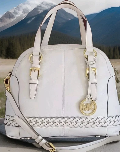 Michael Kors Gladstone Large Vanilla Leather Top Zip Logo Satchel Bagnwt!