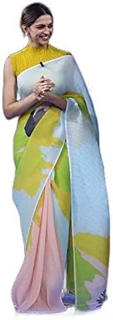 SGF11 Women's Crushed Pleated Digital Printed Pure Georgette Saree (Yellow Sky Blue), Multicolor, One Size