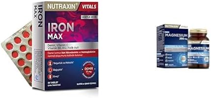 Nutraxin Iron Max 30 Tablet – Demir, C Vitamini, Folik Asit ve B12 Vitamini İçeren Takviye + Nutraxin Magnesium Daily 250 mg | Magnezyum, D3K2 ve B6 Vitaminli| 60 Tablet