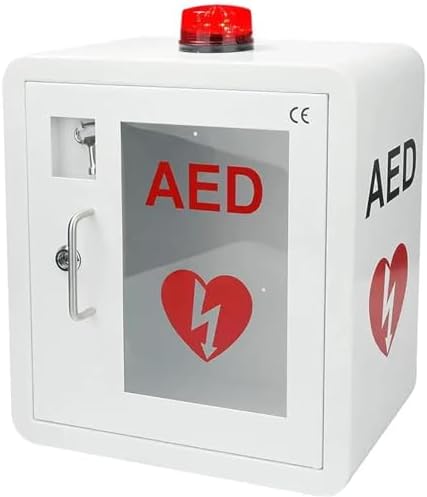 Defibrillator Storage Box with Light and Alarm – Wall-Mounted AED Cabinet for Office and Home – First Aid Case with Cardiac Defibrillation Alarm