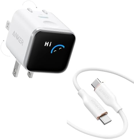 Anker Nano Charger 45W, Display, Swing Plug & Anker PowerLine III Flow USB-C & USB-C Cable White