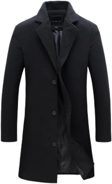 Mens Wool Blend Long Trench Overcoat Notched Collar Three Button Coat | Soft Warmth, Durable Polyester Lining, Two External Pockets, One Inner Pocket, Hip-Length, Easy Iron Care