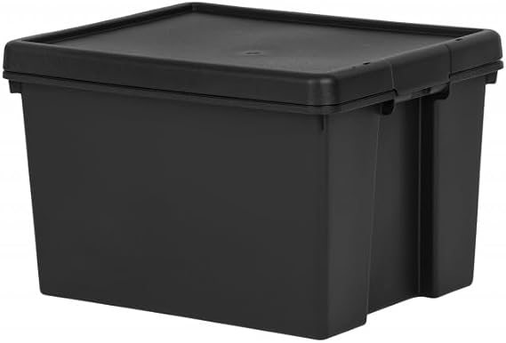 45L Heavy Duty Storage Boxes with Lids, 100% Recycled Plastic, Stackable Nestable Durable Strong Lid snaps into place and features holes to add tie-wraps for added security for Home & Office Storage