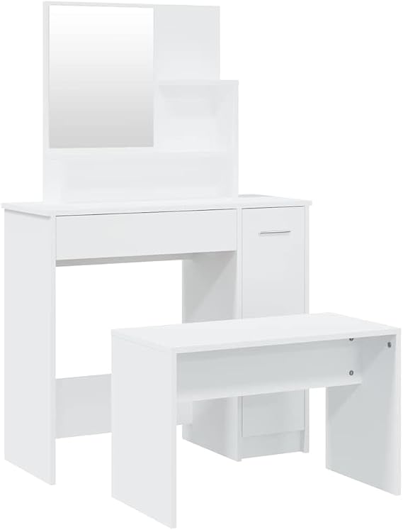 White Dressing Table Set with Stool, Engineered Wood Bedroom Vanity Table with Storage and Mirror for Makeup and Jewelry Organization