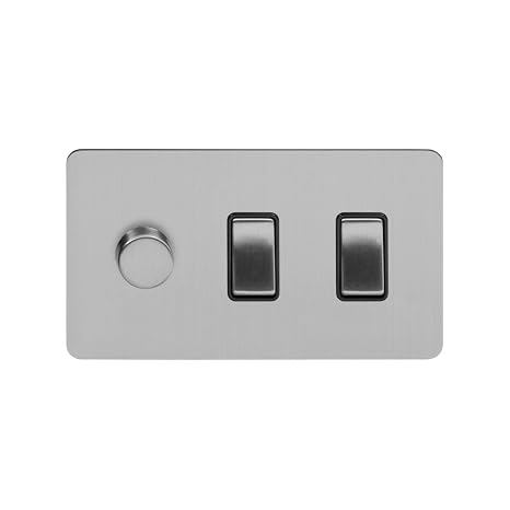 Soho Lighting Brushed Chrome Flat Plate 3 Gang Light Switch with 1 Dimmer (2x2 Way Light Switch with 1x Trailing Edge Dimmer) Blk Ins Screwless