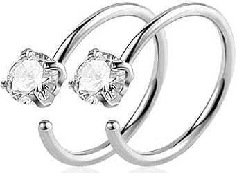 ROMAXO 2X EXTRA THIN Silver Nose Rings 0.6mm-8mm, Nose Hoop, Silver Small Hoop Earrings, Suptum Ring, Conch, Daith, Helix, Rook, Super Snug Nose Ear Lip Ring, Stone Nose Rings