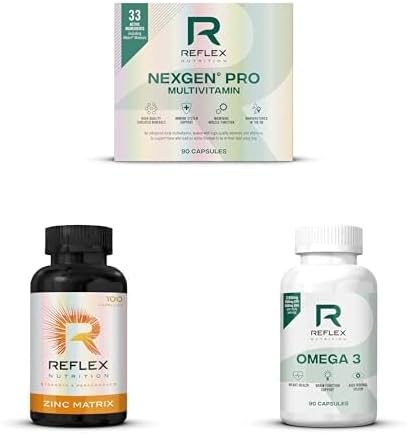 Reflex Nutrition Bundle for Active Lifestyles: Nexgen Multivitamin, Zinc & Magnesium, Omega 3 - Immune Support, Muscle Function & Heart Health - Vitamin D, C, B6, EPA & DHA - (90, 100 and 90 Capsules)