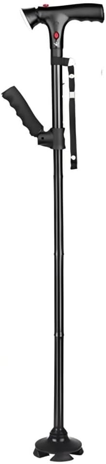 RUNZI Folding Cane with Led Light and Alarm, Adjustable armrest Cane and Walking Stick, Suitable for The Elderly with buffered T Handle and Pivoting Quad Base for Hiking Mountain Climbing Backpacker