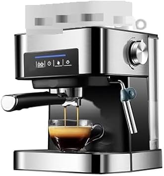 Fully automatic espresso machine, 20 bar pressure, with steam wand, 1.6-liter water tank, and color touch display. Cact design, perfect for home or travel, makes lattes and capnos.