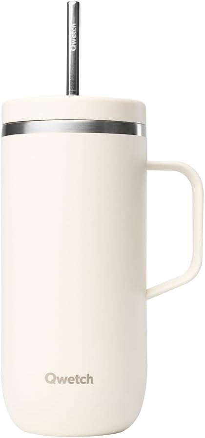 QWETCH - Cold Cup 600ml with Handle and Straw - 24h Iced & 12h Cold - Stainless Steel Insulated Bottle - Sand