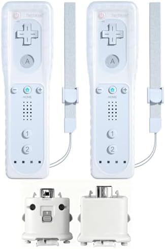TechKen 2 Pcs Remote Controller & 2 Pcs Motion Plus for Wii, Game Controllers Compatible with Wii Remote Replacement with Silicone and Wrist Strap(White)