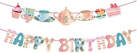 Qpout Alice in Wonderland Tea Party Banner - Happy Birthday Teapot & Teacup Decorations