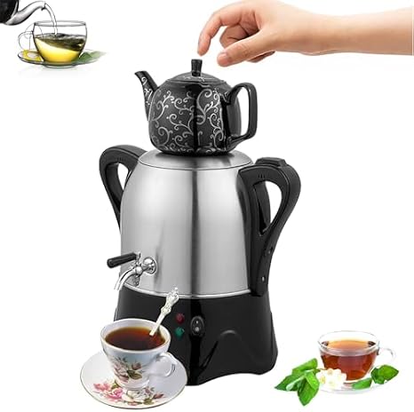Electric Turkish Tea Maker, 2-Tier Electric Kettle with Keep Warm Function, 3L Stainless Steel and 1L Ceramic Teapot for Coffee and Turkish Tea