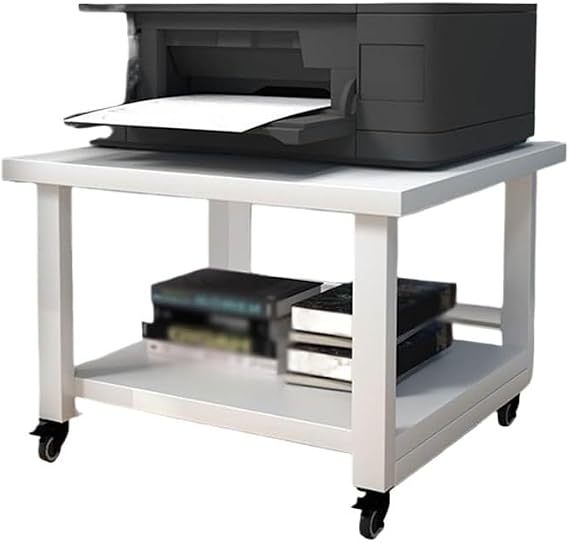 Mobile Printer Cart Printer Rack Mobile Floor Office Shelf Under Double Storage Table Copier Audio Storage Rack with Niversal Wheel for Desk, Office, Home(White)
