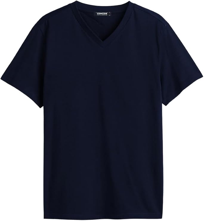 BY COMEOR Erkek Lacivert Basıc Slim Fit Pamuklu Kısa Kollu V Yaka T-shirt
