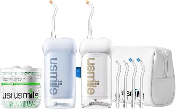 【4 in 1 Pack】 usmile C10 Portable Oral Irrigator (Blue and White), Travel Case and 2 Packs of 50 Toothpicks with Flosser - Complete Family Oral Care Set for Home and Travel