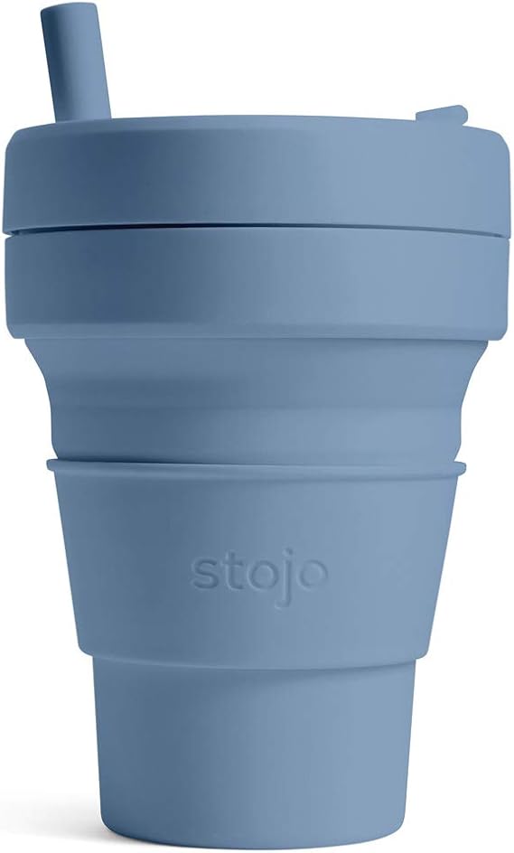 STOJO On-The-Go Biggie Collapsible Coffee Cup with Lid - 16oz / 473ml - Reusable & Foldable Silicone Travel Mug - Portable, Pocket Size - Dishwasher Safe - Steel Blue