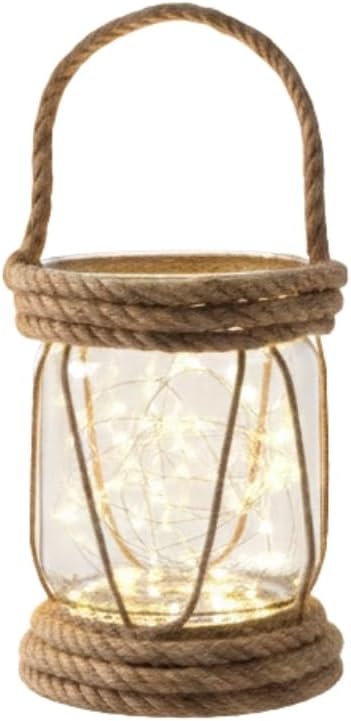 DYRIS Rustik Halatlı Cam Fener, Pilli LED Işıklı Dekoratif Kavanoz Lamba, Bahçe ve Balkon Aydınlatması, 20x10 cm [Enerji Sınıfı A]