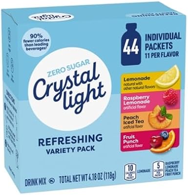 Crystal Refreshing Light Drink Mix Variety Pack, 44 Packets, for Convenient Hydration, Lemonade, Raspberry Lemonade, Peach Iced Tea, Fruit Punch, Natural and Artificial Flavor, Zero Sugar, 4.18oz