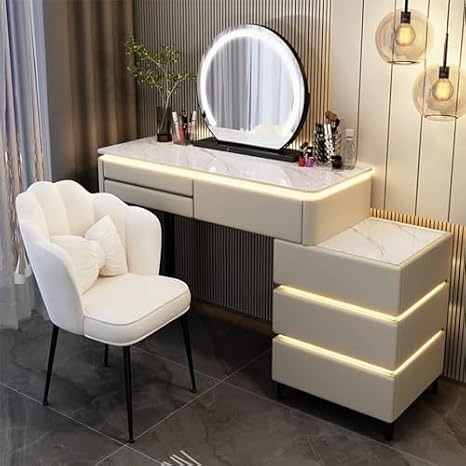 3 in 1 Dressing Table with Flip-top Mirror and Rolling Stool LED Lights Integrated Makeup，Modern Makeup Vanity Desk Set with LED Lighted Mirror Stylish Dressing Table with Chair for Bedroom