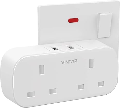 VINTAR Double Plug Adapter UK with 2 USB, 2 Way Plug Extension Sockets