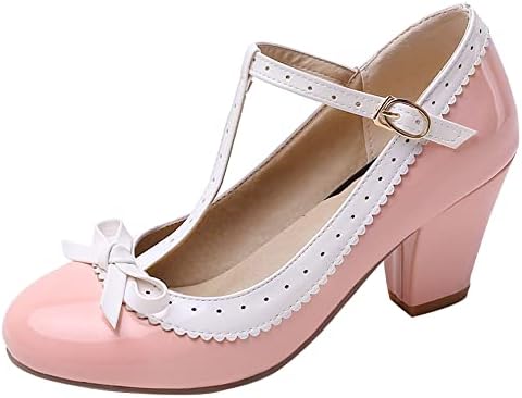Alsoloveu Womens Classic T-Strap Chunky High Heel Pumps Patent Leather Buckle Round Toe Sweet Bow Mary Jane Shoes