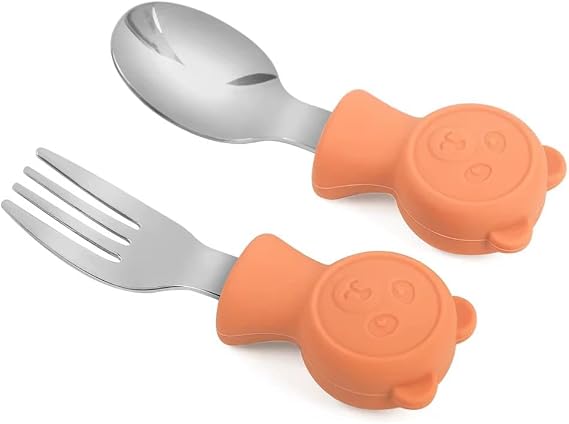 Valkyrie 304 Çelik Panda Bebek Kaşık Çatal SetiSilikon Saplı BPA İçermez Ergonomik Kaymaz Turuncu