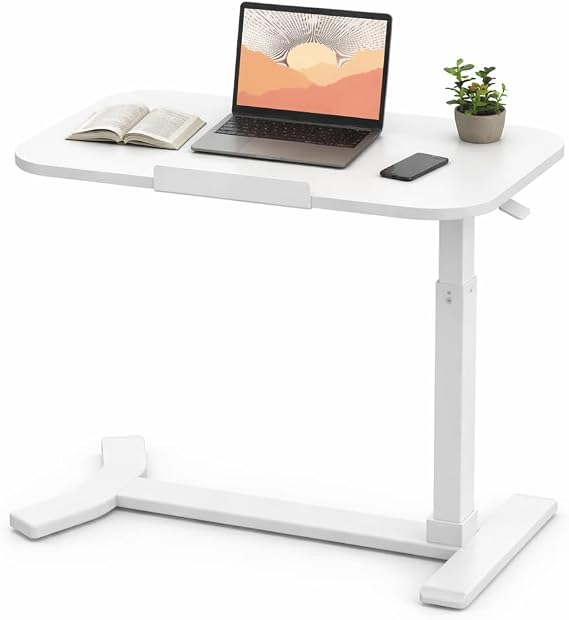 SANODESK Standing Desk Height Adjustable Overbed Bedside Table with Hidden Casters, Pneumatic Mobile Laptop Computer Standing Desk Cart with Tray, Hospital and Home Use(White Frame+White Top)