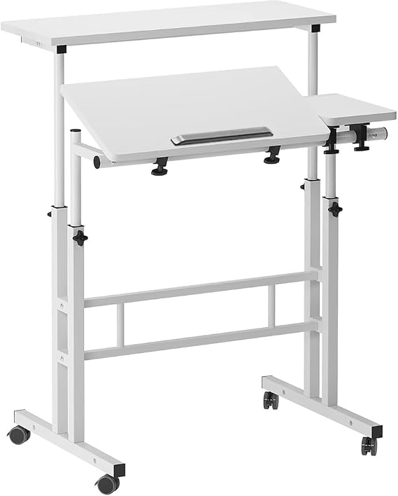 Standing Desk Height Adjustable Rolling Desk with Tilting Table Top Sit-Stand Workstation with Wheels, 60 x 60 Cm, Laptop Table Home Office Desk Small Computer Desks