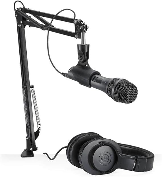 Audio-Technica AT2005USBPK Vocal Microphone Pack for Streaming/Podcasting, Includes USB and XLR Outputs, Adjustable Boom Arm, Monitor Headphones,Black