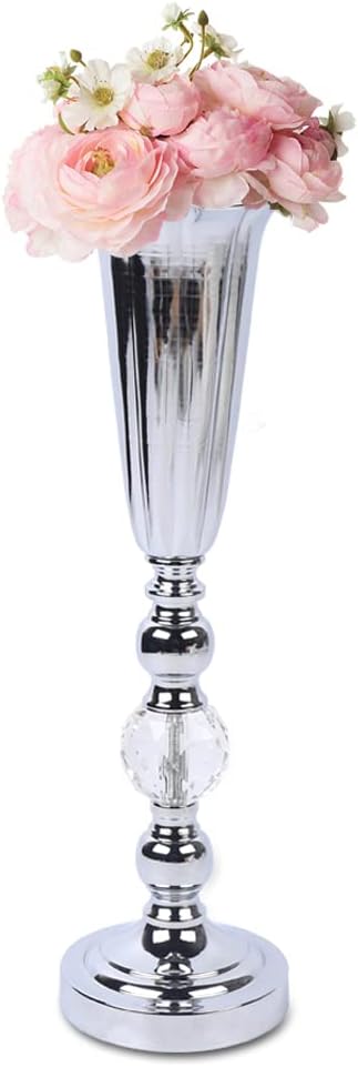 Silver Metal Flower Vase 44.5cm, Trumpet Shape Iron Glass Tabletop Vase, Tall Flower Stand Centerpiece for Wedding Birthday Home Decor