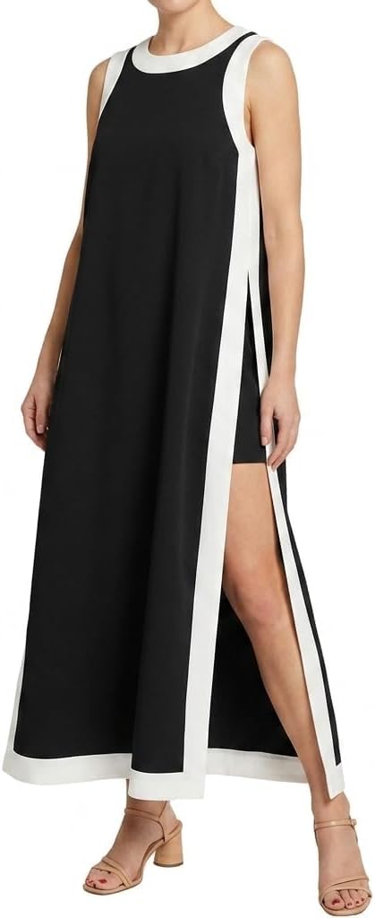 Women's Boho Color Block Dress Sleeveless Maxi Summer Bohemian Dresses 2 Piece Sets Matching Shorts with Pocket