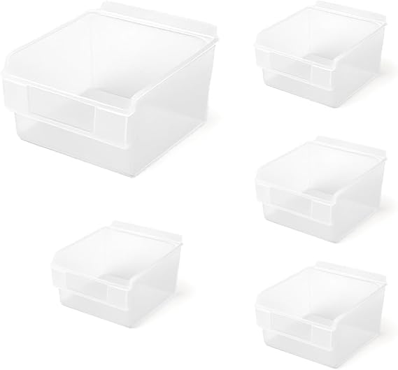 Slatwall Bins – Stackable Slatwall Storage Bins for Accessories, Garage Tool Organizer, Slat Wall Organizer for Workshops & Retail Store (Clear 5 Pack, Shelfbox 100)