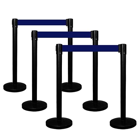 Black Queue Barrier with 3Meter Blue Retractable Belt | Crowd Control Stanchion with Weighted Base | 4-Way Connectable Belt Barrier for Queue Management in Shops, Airports & Businesses - Set of 6