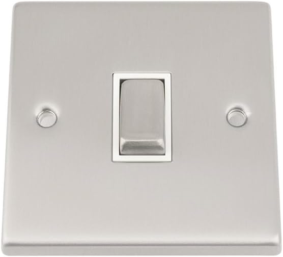 Light Switch Single 1 Gang - Satin Matt Chrome - Square - White Insert - Metal Rocker Switch - 10 Amp 1 Gang 2 Way