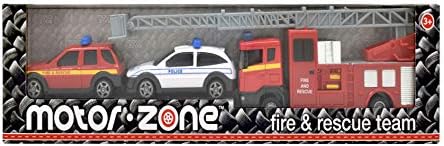 MOTOR ZONE from Peterkin | Fire & Rescue Team Toy Vehicles | 33cm diecast metal and plastic set including Fire Engine, Police Car and Fire & Rescue Car | 1:48 Scale | Diecast Vehicles | Ages 3+