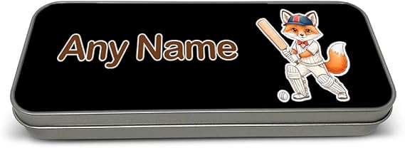 Personalised Gift - Cricket Fox Black Metal Pencil Case Tin (Animal Design) Any Name Message Unique - Cute Kit Cub Tod Reynard Illustration Artwork Box Organiser