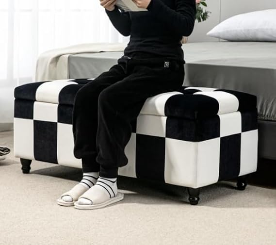 Large Ottoman Seat Storage Footstool Box Velvet Toy Room Trunk Chest Lid Window Pouffe Padded Bench Bedroom Bedding Blanket Lid Wooden Leg Foot Stool (Black & White)
