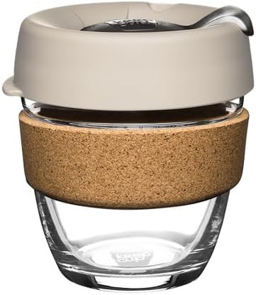 KeepCup Brew Cork, Reusable Tempered Glass Coffee Cup with Recovered Cork Band and Splashproof Lid, Barista Standard, BPA Free, Dishwasher Safe, 227ml 8oz Filter