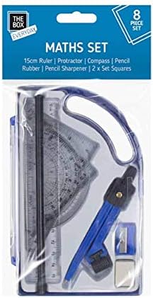 8 Piece Maths Set, Geometry Compasses Set Includes School Protractor, 15cm Ruler, Eraser, Pencil Sharpener, Compass, Pencil, 2 x Set Squares for Maths Learning, Home Schooling