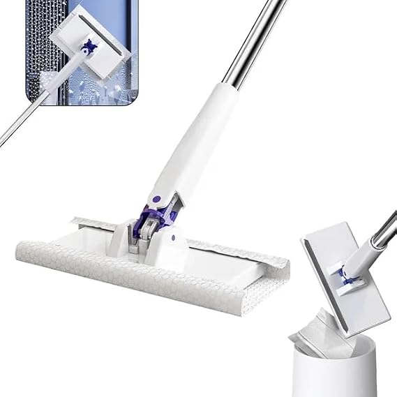 Disposable Mop, No Wash Mop with 20 Reusable Cloths, Automatic Gripping Disposable Dust Mop for Dry Wet Disposable Pads for Kitchen Wall Bathroom Toilet Corners, White