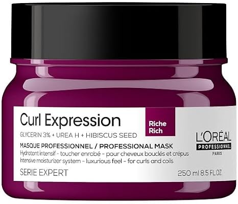 L'Oréal Professionnel Intensely Moisturising Rich Hair Mask, For Curly & Coily Hair, With Glycerin, Urea H and Hibiscus Seed Extract, Serie Expert Curl Expression, 250 ml