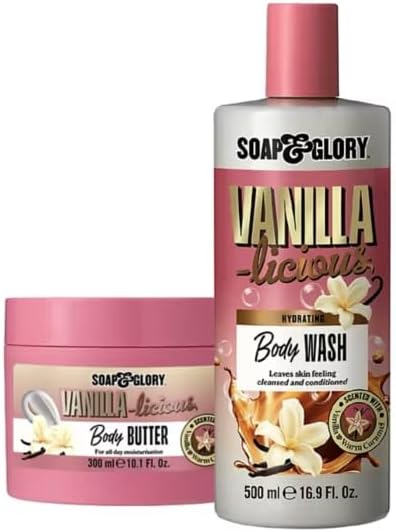 Soap & Glory Vanilla-licious Body Butter and Body Wash Set, Vanilla & Warm Caramel Scent, 300ml Butter, 500ml Wash, Moisturising, Cleansing