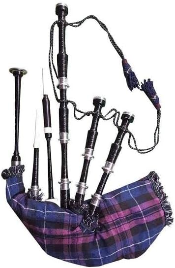 Scottish Full Size Bagpipe Silver Plain Mounts Black Finish Highland Bagpipes with accessories (Black, Pride of Scotland)