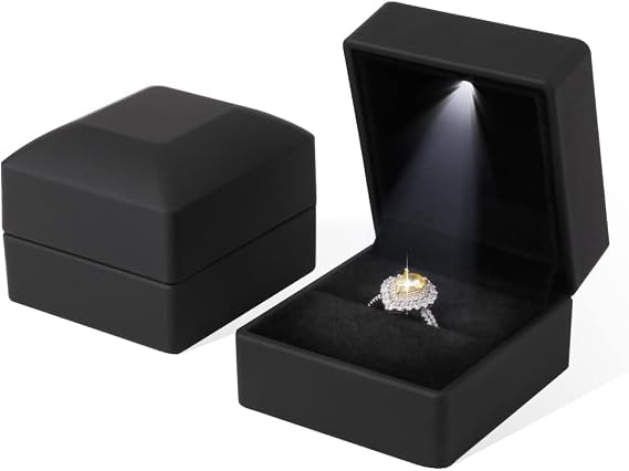 Rolin Roly 2PCSBlack Ring Box with LED Light Square Jewelry Ring Case Jewellry Display Gift Boxes for Proposal Wedding Ring Box Ceremony Engagement Proposal Anniversary (Black)