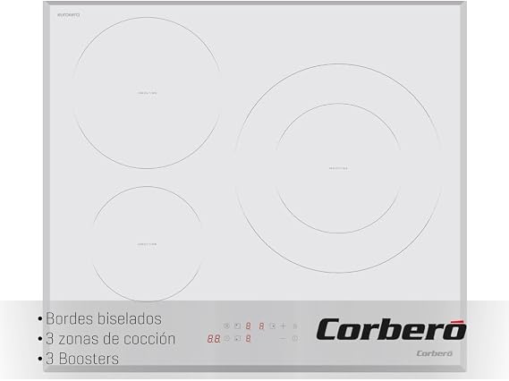 Corberó - Induction Plate | 3 Zones | CCIM3720W | Power 7200W | Touch Control | 3 Boosters | Large Area 30 cm | Beveled Edges | Timer | Automatic Safety Shutoff | White