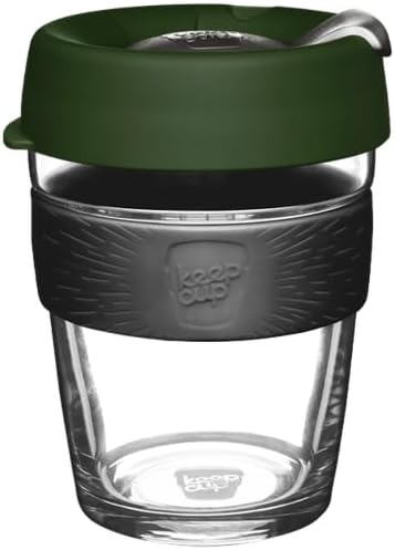 KeepCup Brew, Reusable Tempered Glass Coffee Cup with Silicone Band and Splashproof Sipper Lid, Barista Standard, BPA Free, Dishwasher Safe, 340ml 12oz Pine