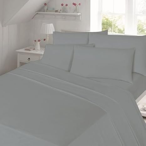 Artistic Fashionista 100% Brushed Cotton Plain Colour Flannelette Fitted & Flat Sheet & Matching Housewife Style Pillowcases SET for Single, Double, King Size Bed (Double, Grey)