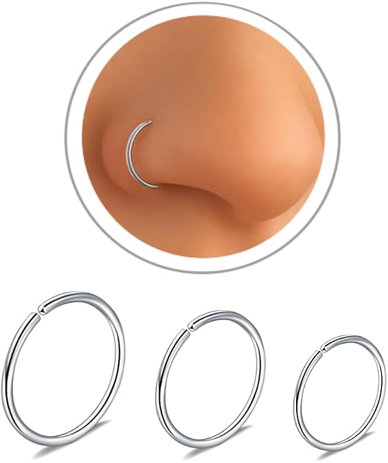 3pk Thin Titanium Nose Ring G23 Implant Grade Nose hoops 6mm 8mm 10mm Diamter, 22g Guage for Nose helix Tragus Septum cartilague Colour (Silver)